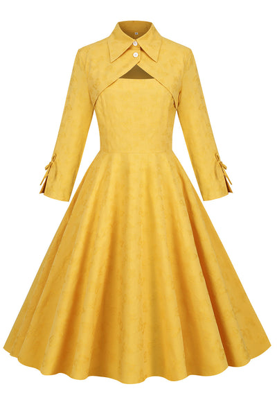 Vestido Vintage Amarelo Com Gola Redonda