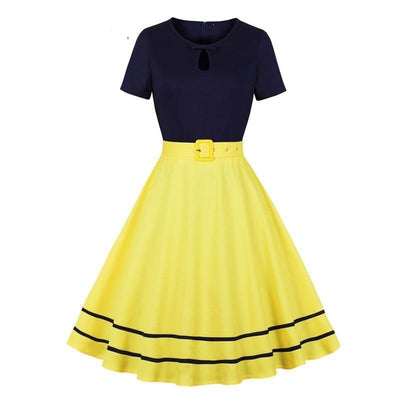 Vestido Vintage Azul Marinho E Amarelo Dos Anos 50