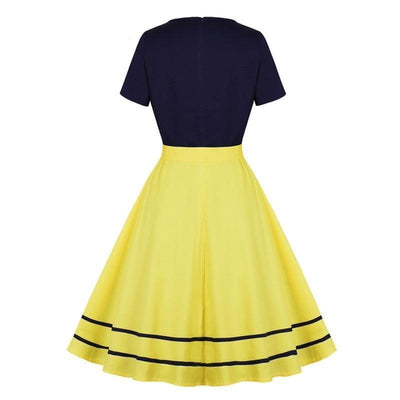 Vestido Vintage Azul Marinho E Amarelo Dos Anos 50