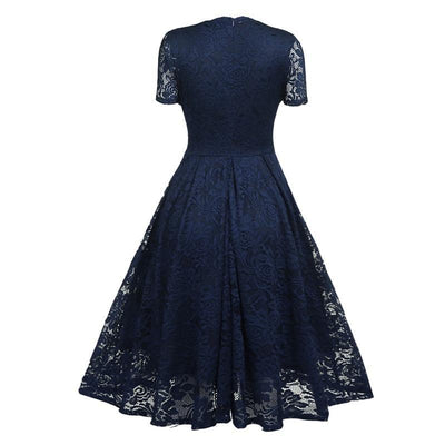 Vestido Vintage De Renda Azul Marinho Com Decote Em V