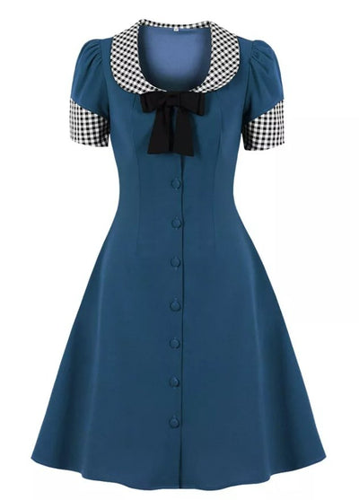 Vestido Vintage Azul Com Gola Redonda