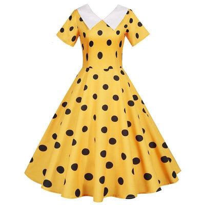 Vestido Vintage Amarelo Com Bolinhas Pretas