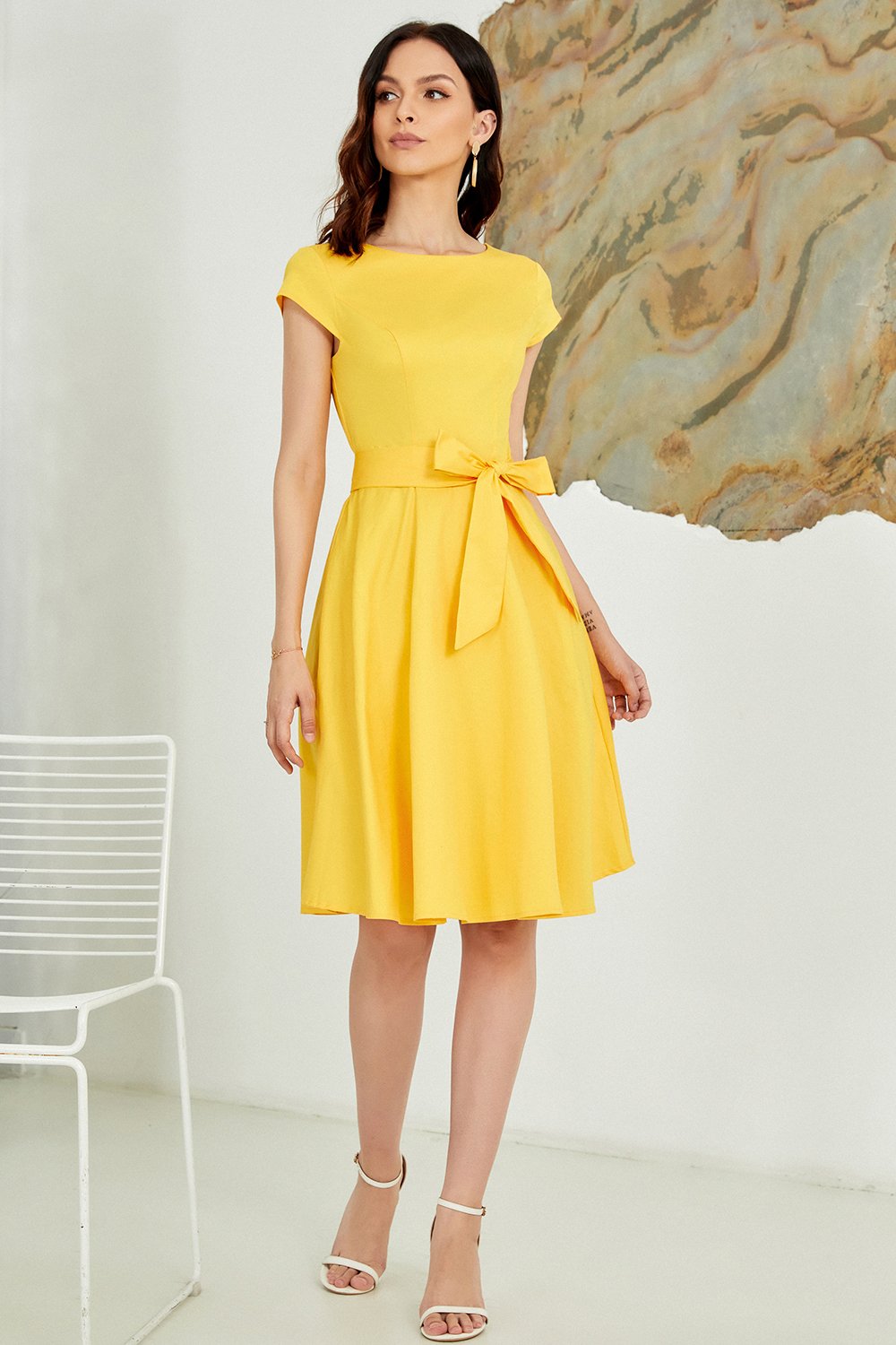 Vestido Amarelo Sólido Dos Anos 50