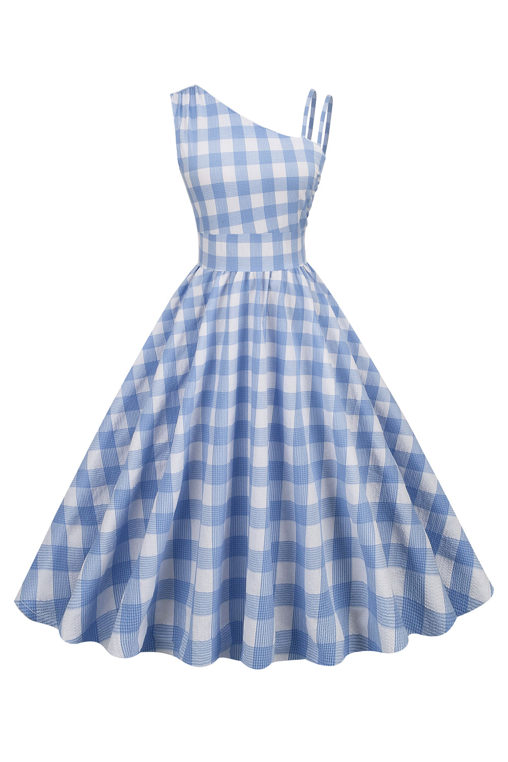 Vestido Vintage Assimétrico Com Xadrez Azul