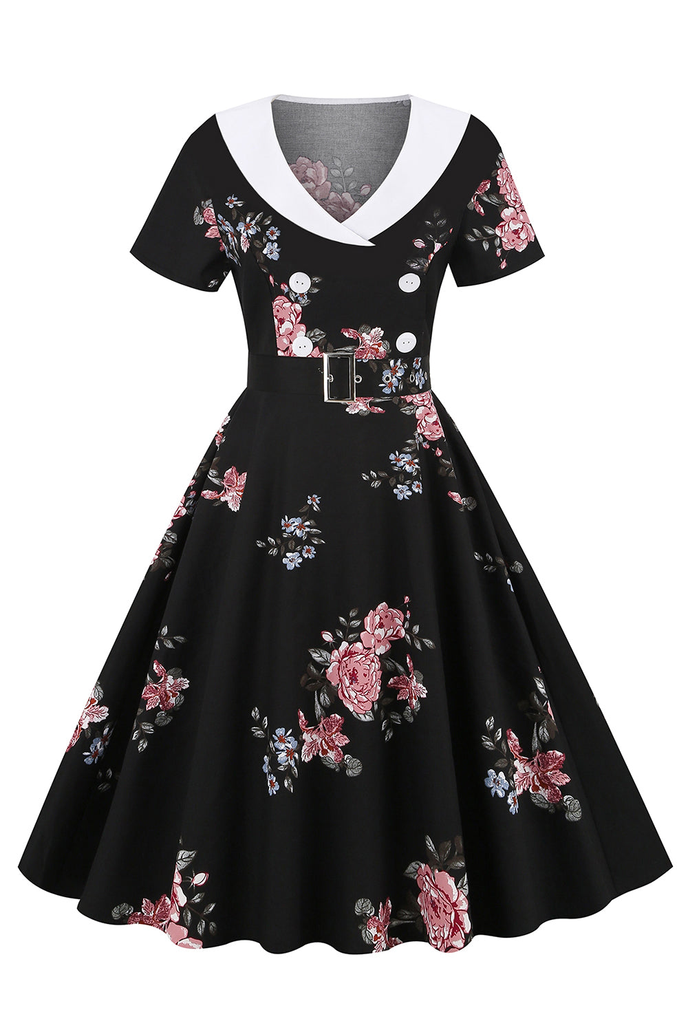 Vestido Vintage Preto Com Estampa Floral E Cinto