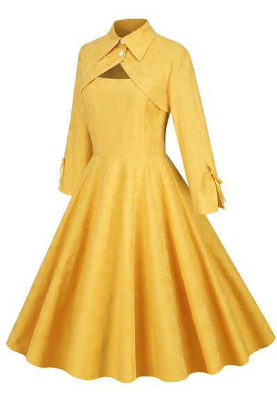 Vestido Vintage Amarelo Com Gola Redonda