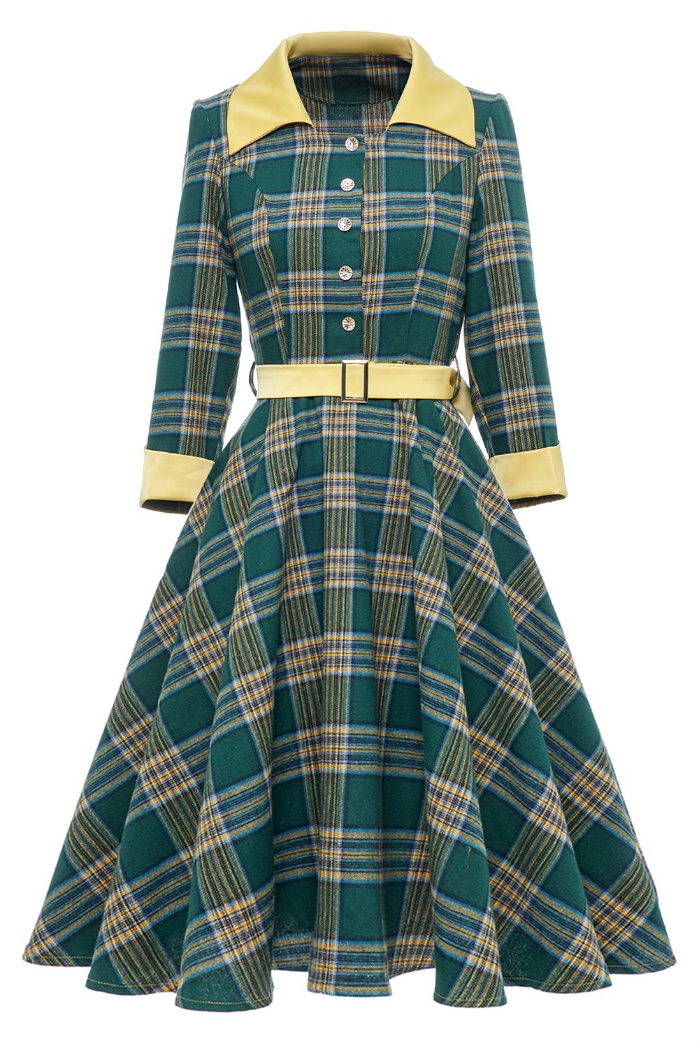 Vestido Xadrez Verde Vintage Outono