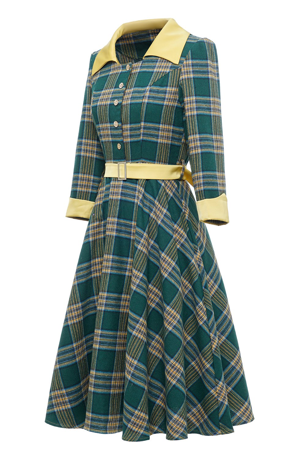 Vestido Xadrez Verde Vintage Outono