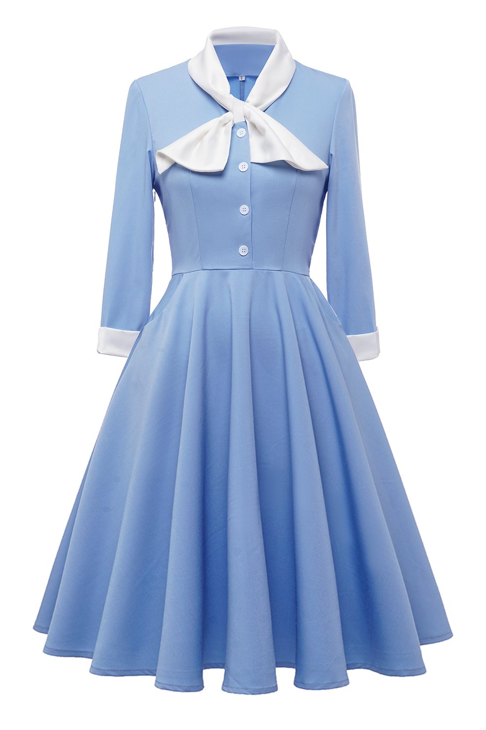 Vestido Trapézio Vintage Azul Com Gravata Borboleta
