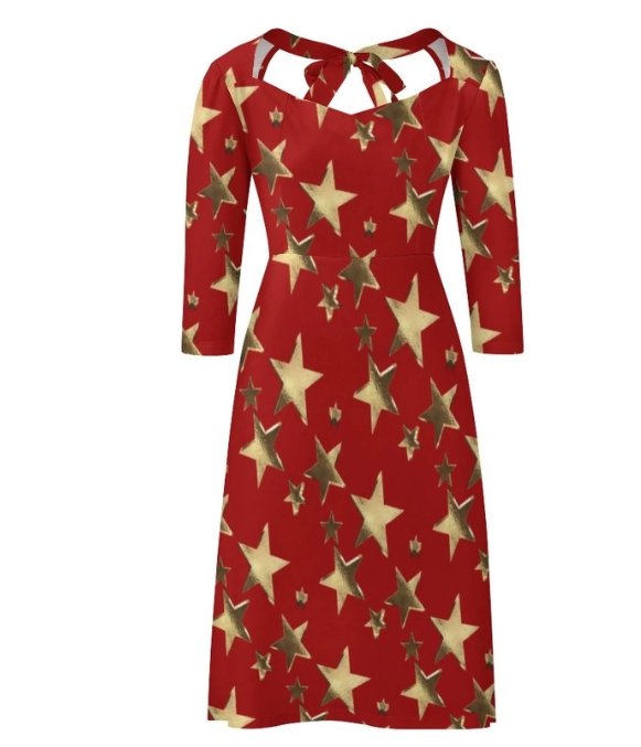 Vestido Feminino Vintage Disco Vermelho Anos 70 Com Estrelas