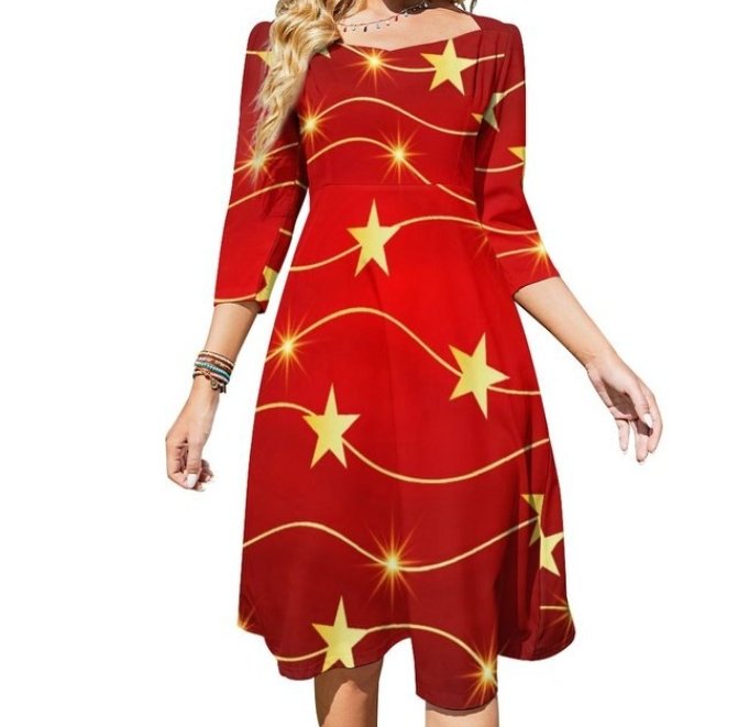Vestido Feminino Vintage Disco Vermelho Anos 70 Com Estrelas