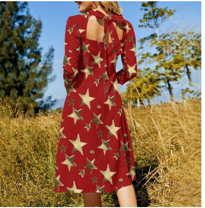 Vestido Feminino Vintage Disco Vermelho Anos 70 Com Estrelas