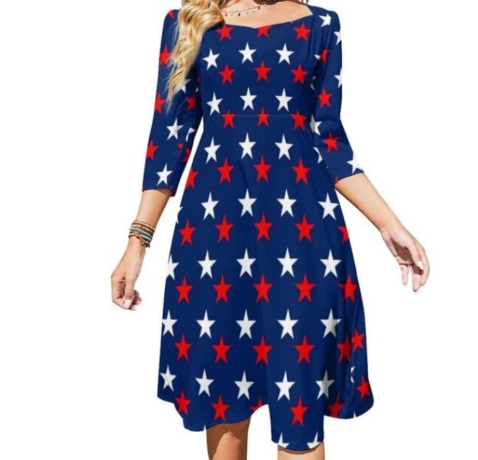 Vestido Feminino Vintage Anos 70 Plus Size Azul Escuro Com Estampa De Estrelas
