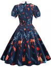 Vestido Floral Azul Marinho Dos Anos 50