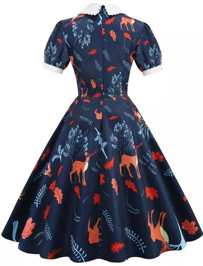 Vestido Floral Azul Marinho Dos Anos 50