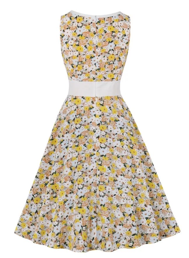 Vestido Pin Up Floral Amarelo Dos Anos 50