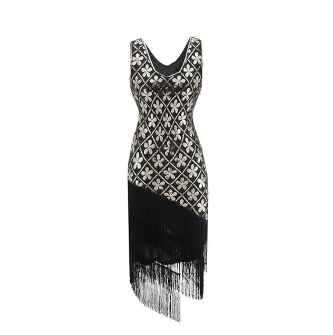 Vestido Vintage Anos 20 Plus Size Dourado Preto