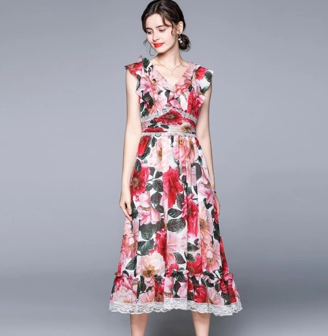 Vestido De Manga Curta Rosa Anos 40