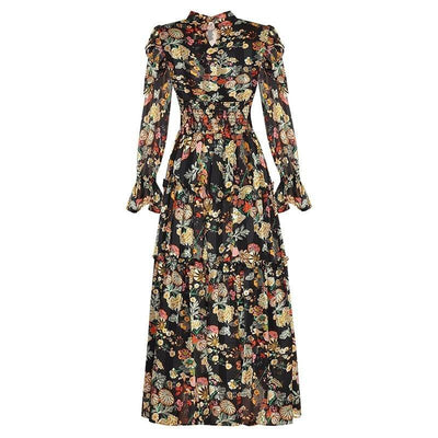 Vestido Floral Preto De Cintura Alta Anos 40