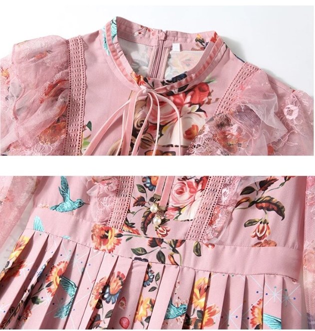 Vestido De Cintura Alta Rosa Floral Anos 40