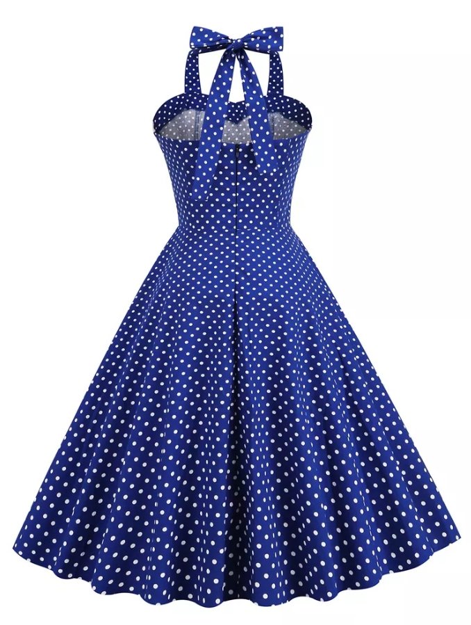 Vestido Azul Vintage Com Bolinhas Brancas