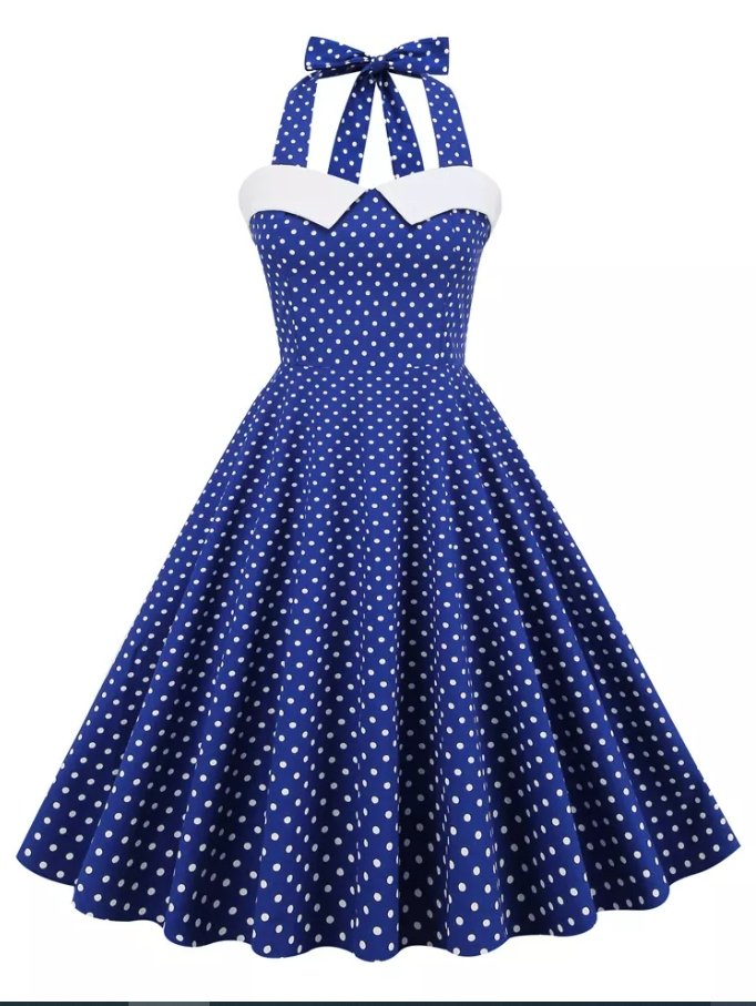 Vestido Azul Vintage Com Bolinhas Brancas