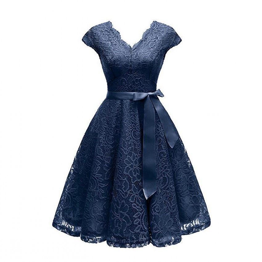 Vestido De Festa Anos 50 Com Renda Azul Marinho