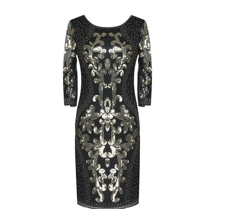 Vestido De Noite Estilo Gatsby Dourado Preto