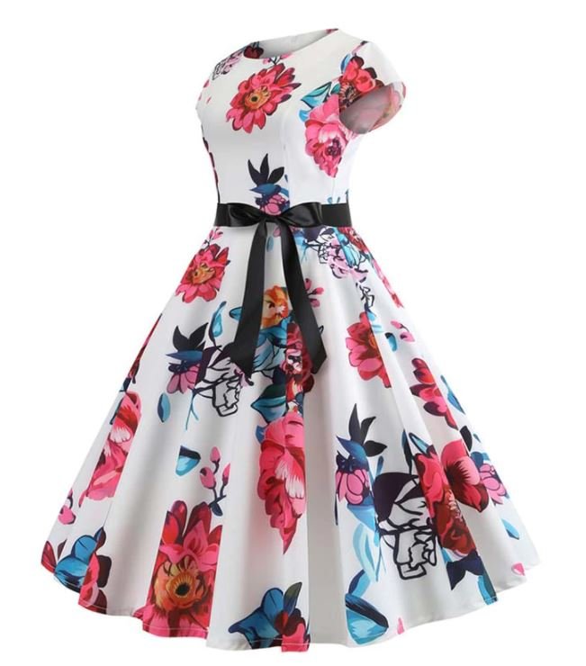 Vestido Flare Vintage Branco E Rosa