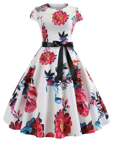 Vestido Flare Vintage Branco E Rosa