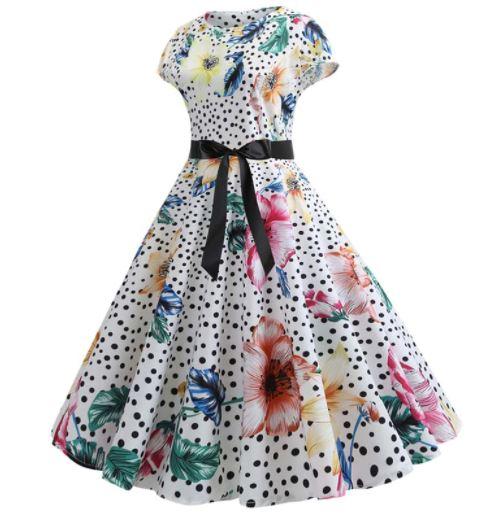 Vestido Dos Anos 50 Com Flores Brancas E Bolinhas