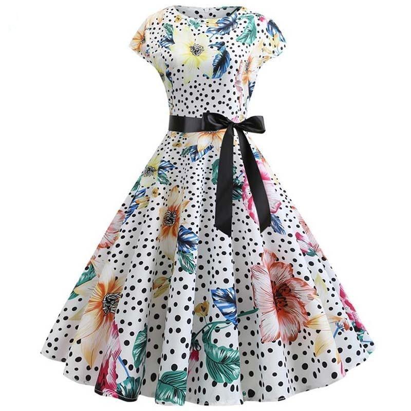 Vestido Dos Anos 50 Com Flores Brancas E Bolinhas