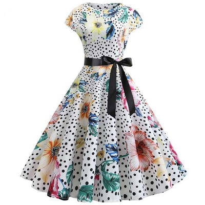 Vestido Dos Anos 50 Com Flores Brancas E Bolinhas