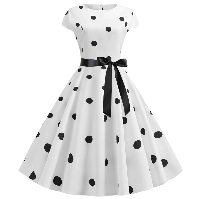 Vestido Vintage Flare Pontos Brancos Pretos