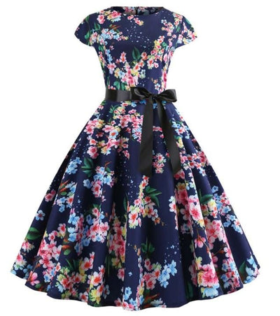 Vestido Vintage Azul Com Folhas Pequenas