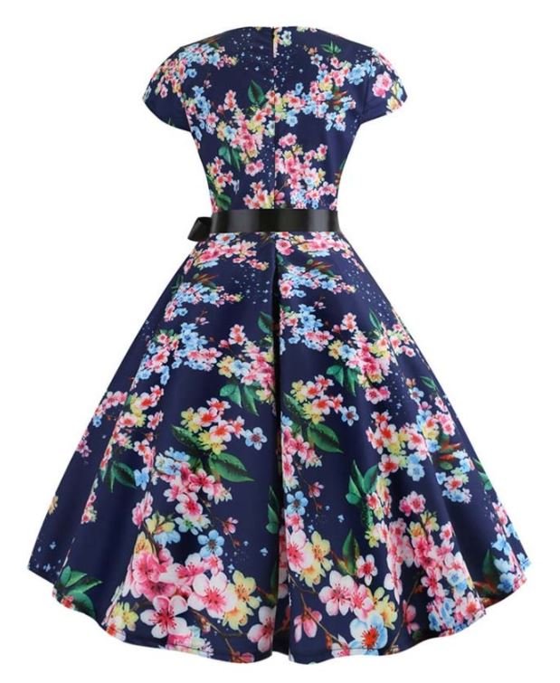 Vestido Vintage Azul Com Folhas Pequenas