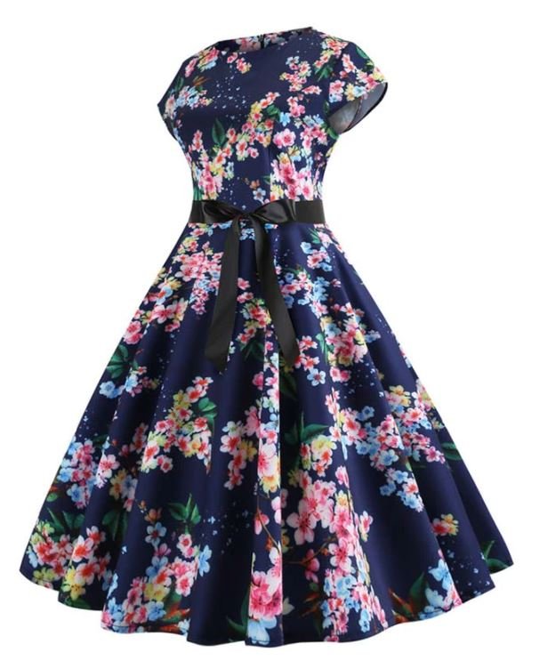 Vestido Vintage Azul Com Folhas Pequenas