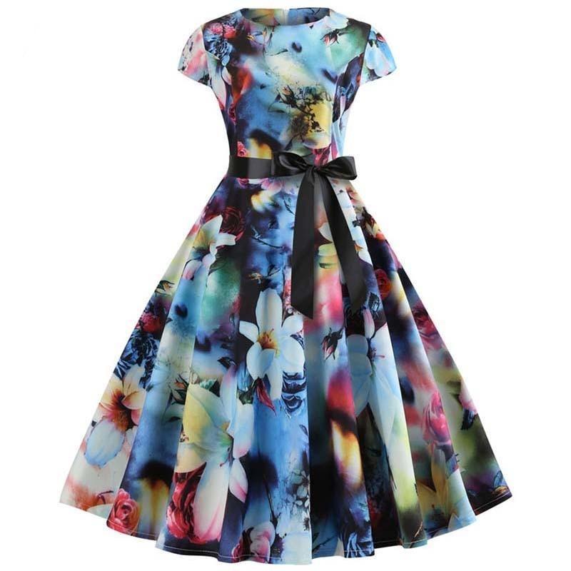 Vestido Vintage Flare Com Flores Em Pastel