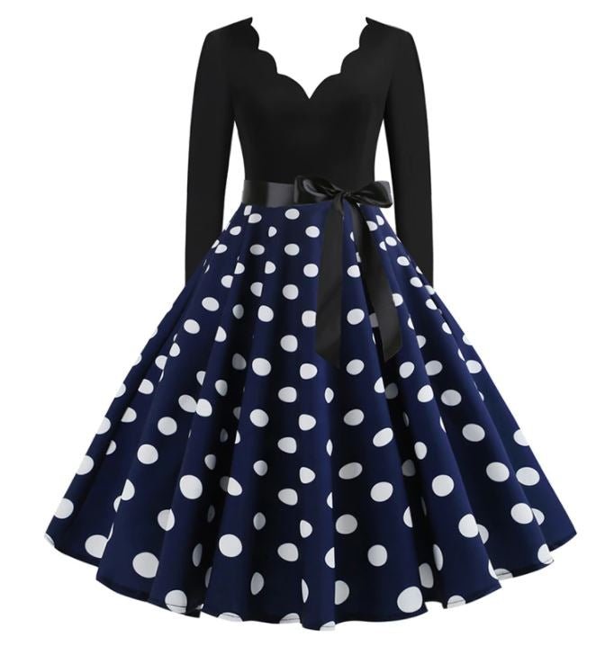 Vestido Vintage Azul Marinho Com Bolinhas Brancas