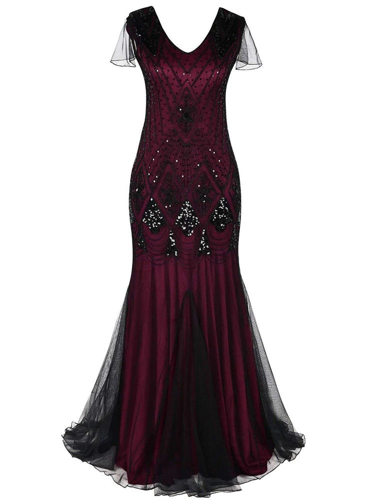 Vestido Longo Gatsby Alta Costura Borgonha E Preto