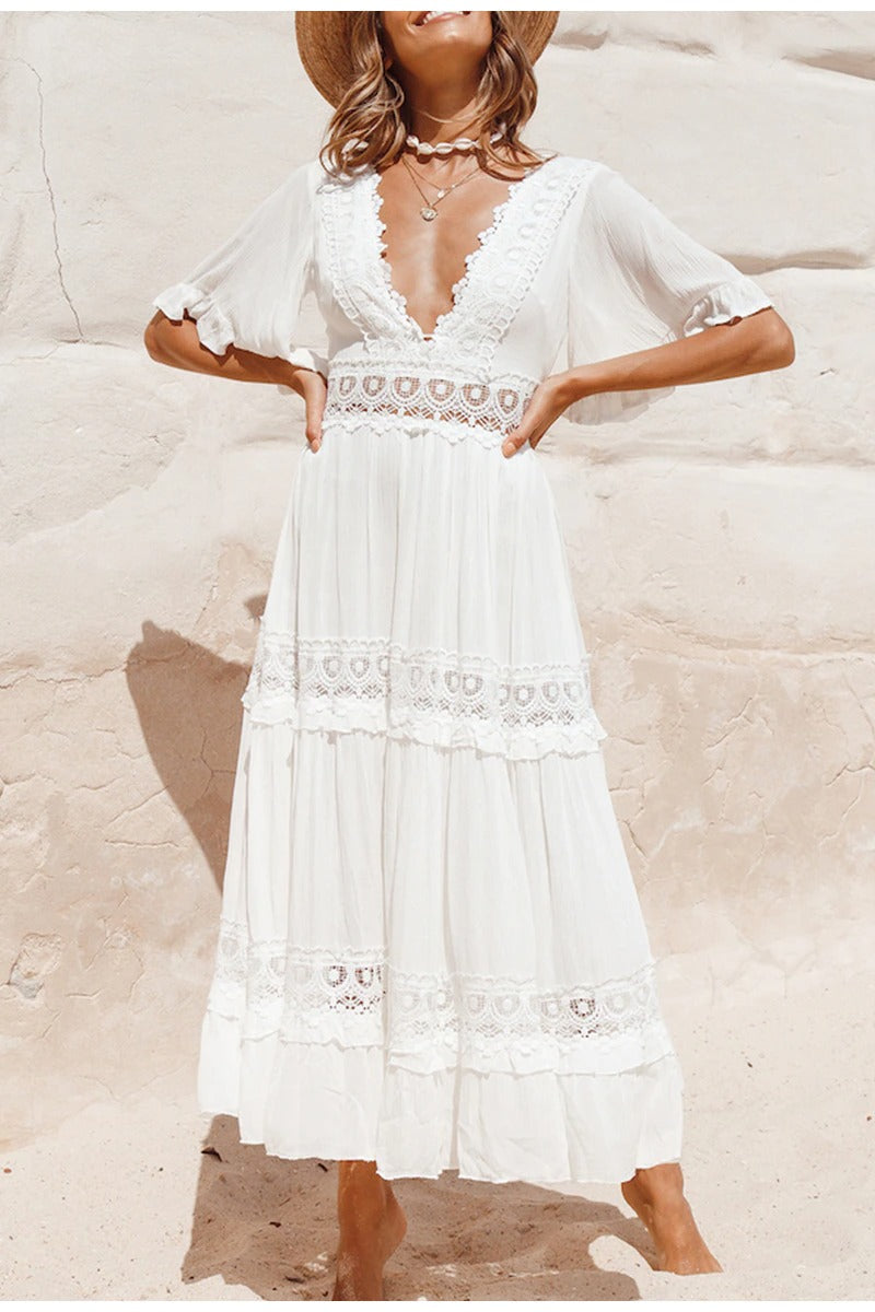 Vestido Maxi Branco Vintage Rendado