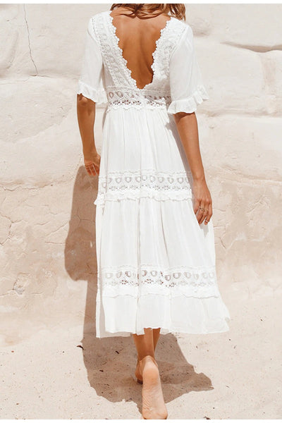 Vestido Maxi Branco Vintage Rendado