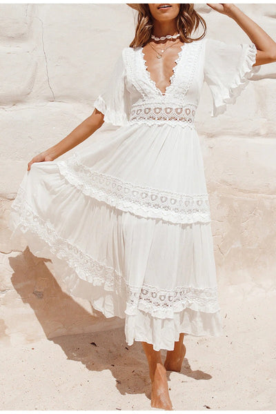 Vestido Maxi Branco Vintage Rendado