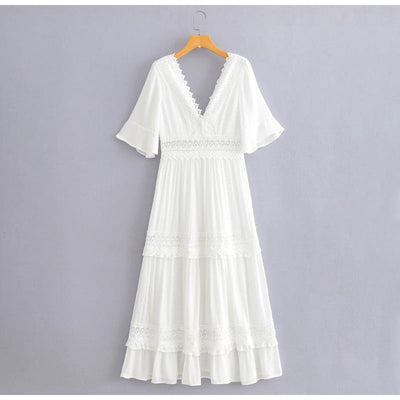 Vestido Maxi Branco Vintage Rendado