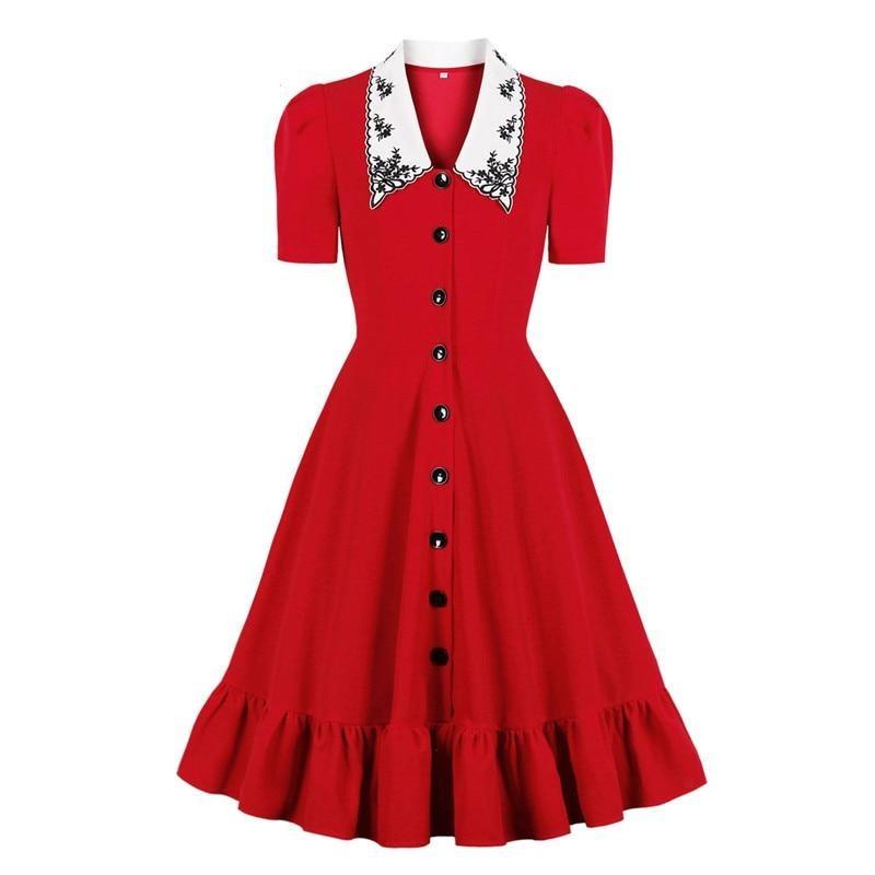 Vestido Vermelho Anos 50 Com Gola Larga