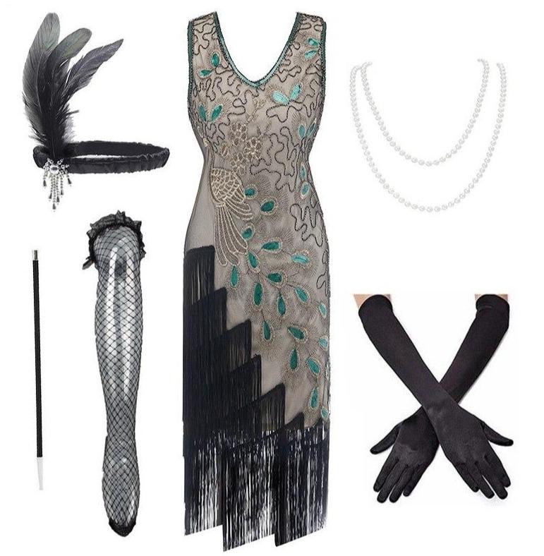 Gatsby Vestido Estilo Anos 20 Bege