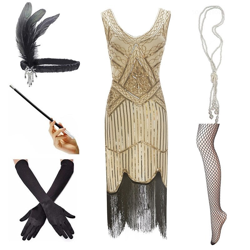 Vestido Vintage 1920 Bege Preto