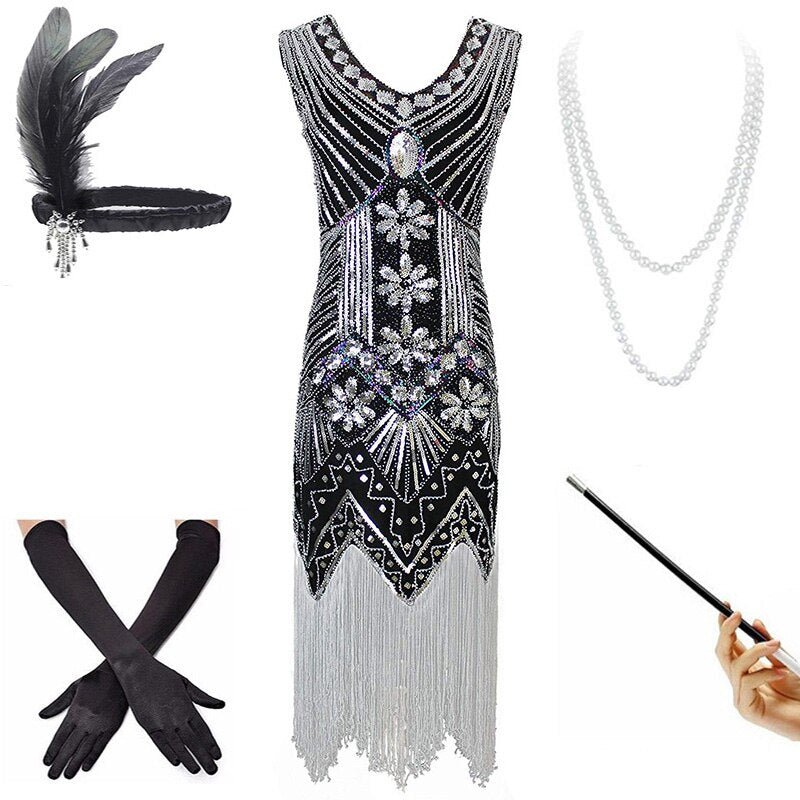 Vestido Vintage Dos Anos 1920 Prateado Preto