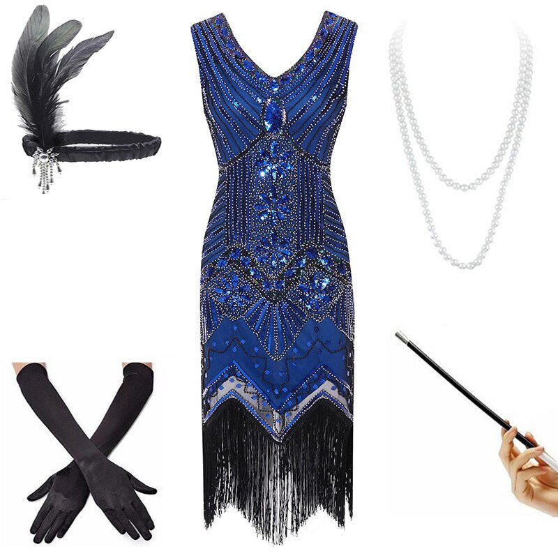 Vestido Azul Vintage Anos 20 (Com Acessórios)