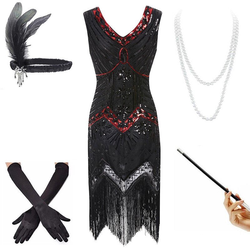 Vestido Vintage Vermelho E Preto Dos Anos 20 (Com Acessórios)